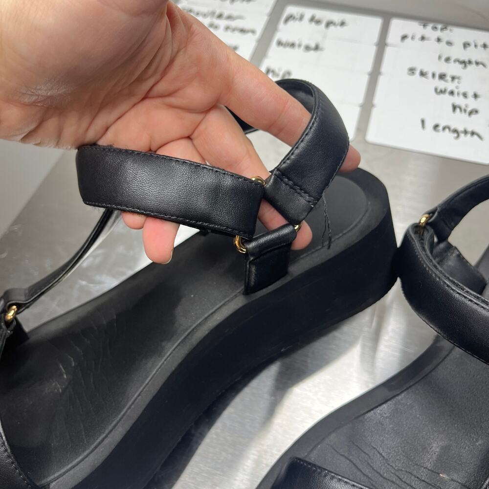 Tory Burch Sandals 12M 42.5 Mellow Platform Black Gold Logo Leather Hook & Loop - Picture 5 of 12